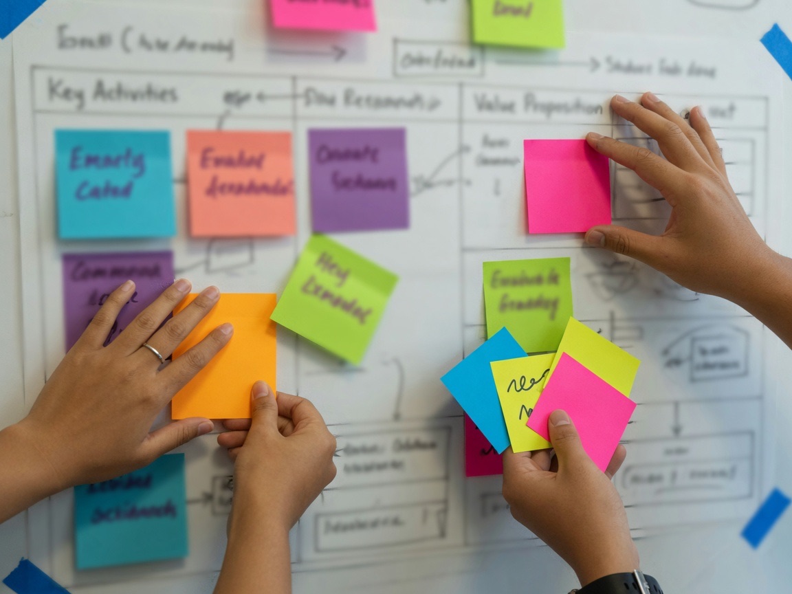 A facilitated working session at the strategy canvas wall