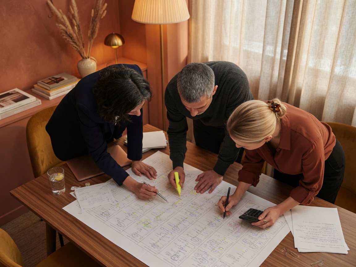 A small group working through a real task together over one worksheet