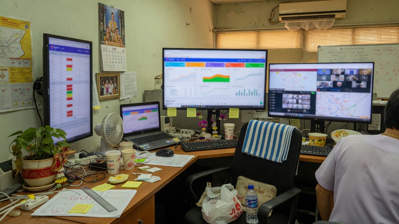 A multi-screen operations workstation running live systems in a Thai office