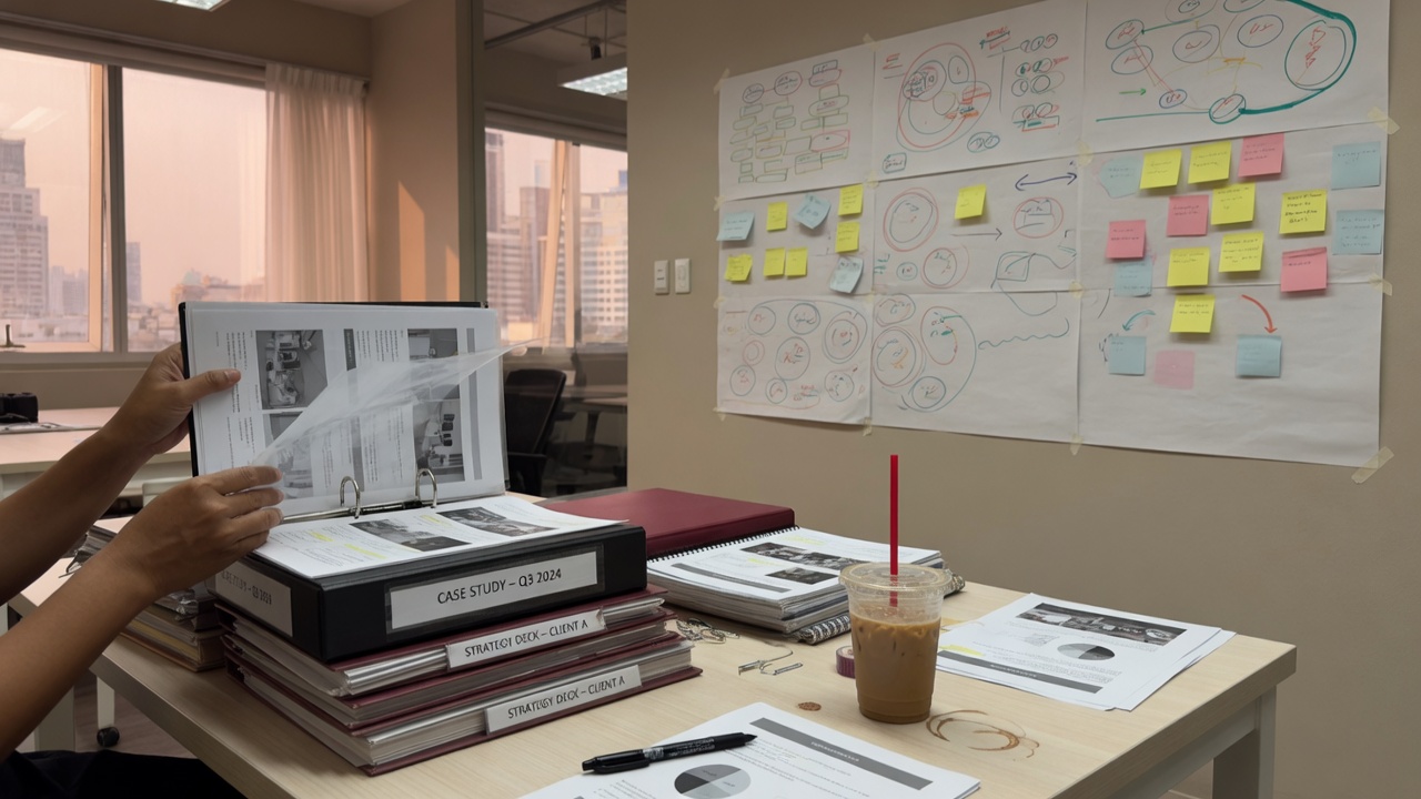 The growing library of practices and cases — printed case binders by a canvas wall