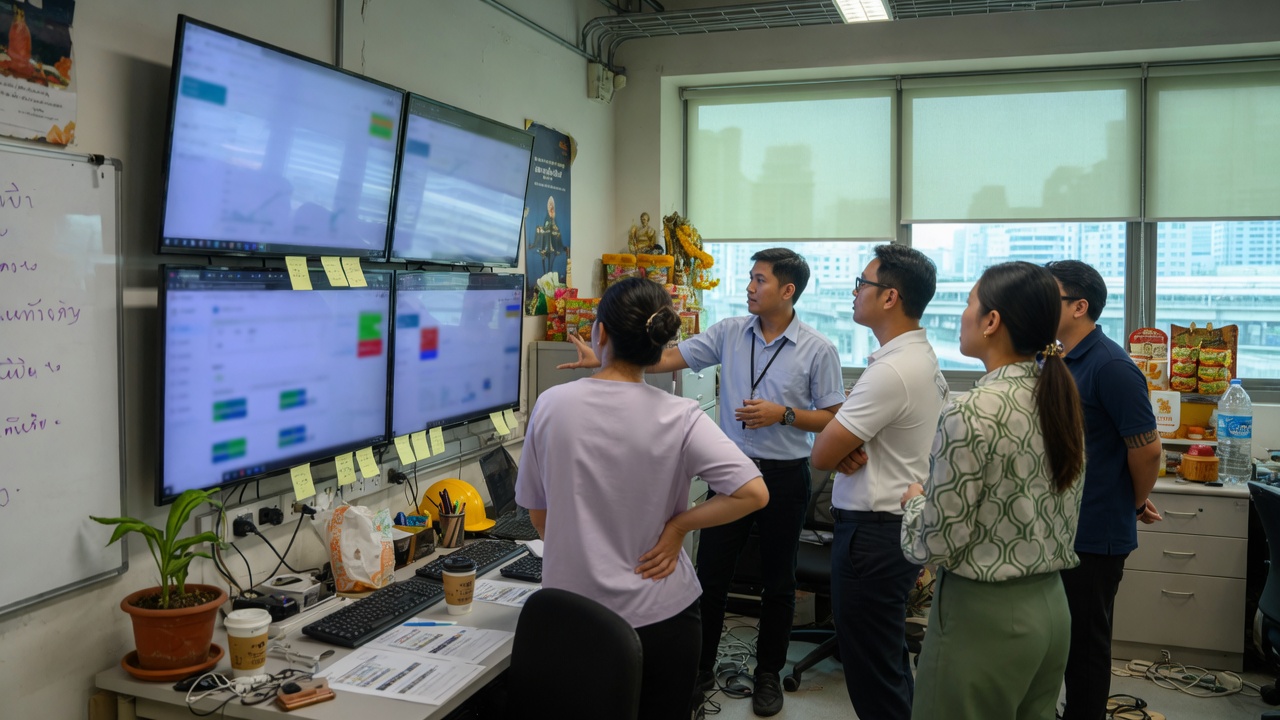 The operating architecture a business runs on — a team standup around live operations screens
